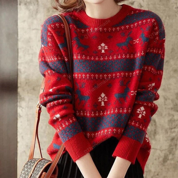 Women Christmas Red Reindeer Elk Knitted O Neck Long Sleeve Pullover Sweatshirt, Knitwear Warm Sweatshirt, Xmas Gift, Winter Casual Sweater