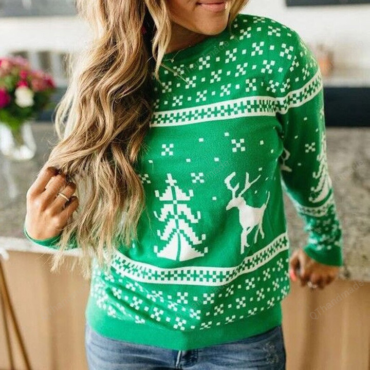 Women Christmas Fawn Elk Knitted O Neck Long Sleeve Pullover Sweatshirt, Knitwear Warm Sweatshirt, Xmas Gift, Winter Casual Loose Sweater