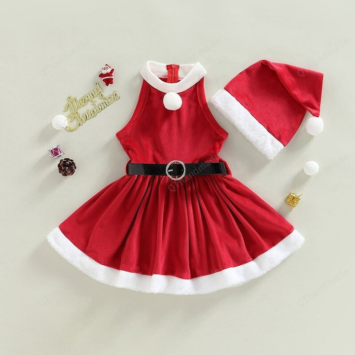 2Pcs Christmas Baby Girls Sleeveless Velvet Trim Patchwork Belted Dress Santa Hat Set, Christmas Kids Clothing, Xmas Gift, Xmas Costume