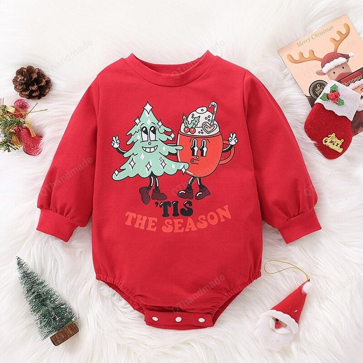 Toddler Baby Casual Christmas Tree Letter Print Long Sleeve Jumpsuit Rompers, Kids Clothing, Xmas Gift, Newborn Xmas Tree Letter Bodysuit