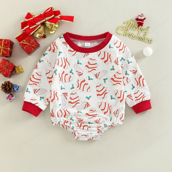 3-24M Christmas Tree Candy Cane Toddler Infant Baby Romper, Kids Clothing, Xmas Gift For Kids, Christmas Tree Pattern Long Sleeve Jumpsuit