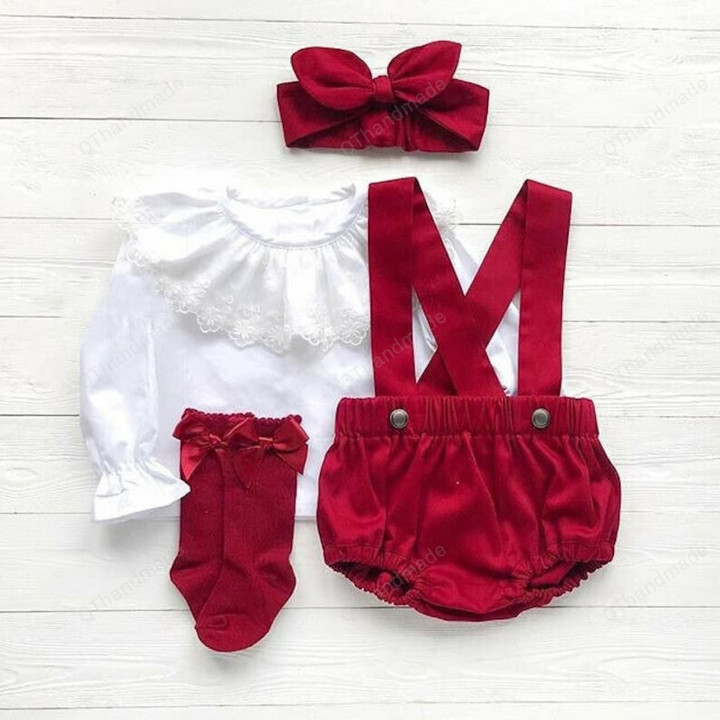 Christmas Baby Girl Lace Long Sleeve Tops + Shorts Overall + Headband Set Costumes, Princess Newborn Baby Girls Red Clothing Set, Xmas Gift