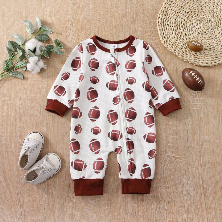 0-18M Toddler Infant Baby Boy Girl Romper Rugby Print Long Sleeve Jumpsuit, Kids Clothing, Xmas Gift, Christmas Rugby Pattern Jumpsuit