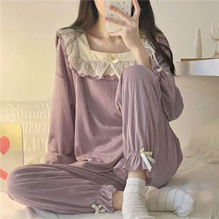 Women Lace Square Collar Sleepwear Princess Long Sleeve Ruffles Pyjamas, Gift For Her, Women Lace Bowknot Nightwear Pajamas Set