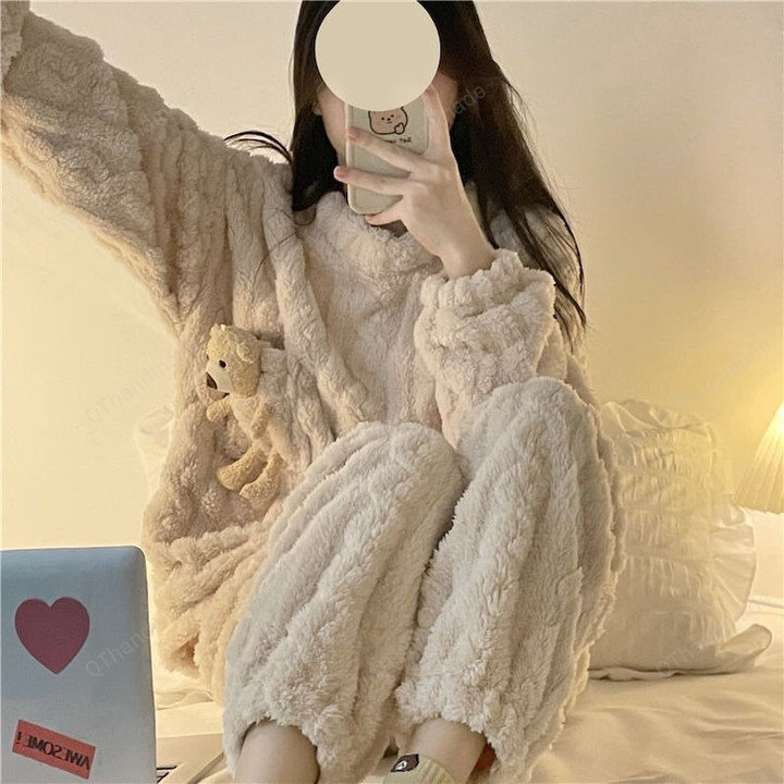 Winter Cute Round Neck Sleepwear Long Sleeve Coral Velvet Loose Lounge Pyjamas, Gift For Her, Women Lace Bowknot Nightwear Pajamas Set