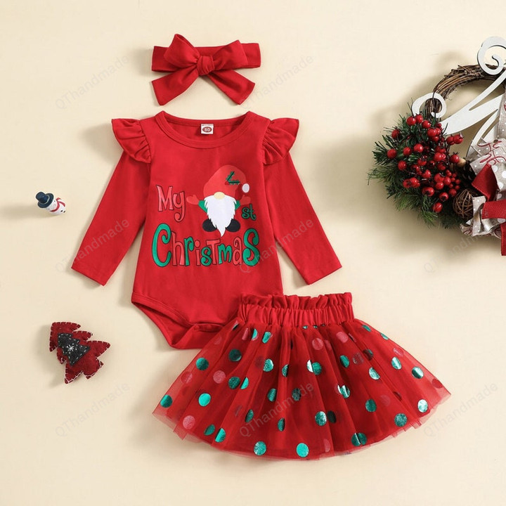 0-24M Christmas Baby Girl Santa Letter Romper Tulle Skirts Headband Set, Kids Clothing, Christmas Gift, Toddler Newborn Girl Tutu Dress