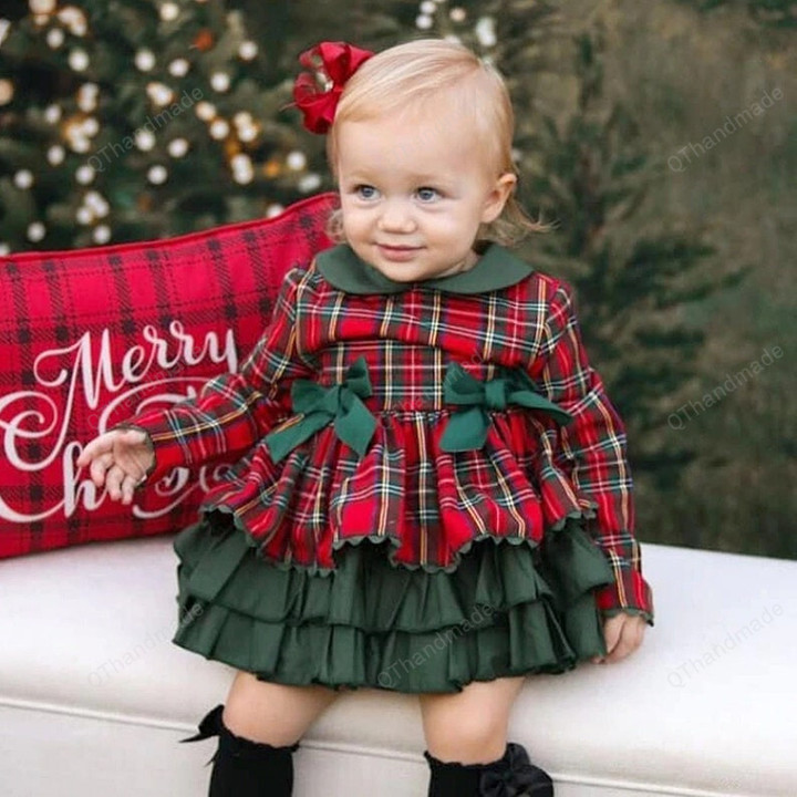 1-6Y Christmas Girls Princess Bow Ruffle Plaid Long Sleeve Tutu Party Dress, Kids Clothing, Christmas Gift, Baby Girls Christmas Costume