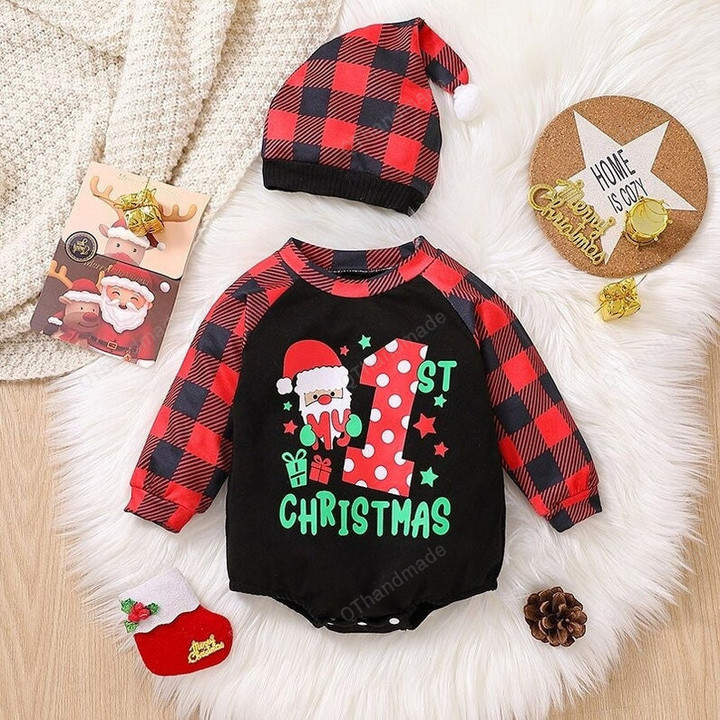 My First Christmas Baby Jumpsuit, Infant Baby Letter Santa Christmas Romper with Hat Set, Kids Clothing, Christmas Gift, New Year Outfits