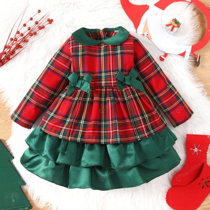 Kids Christmas Red Green Plaid Long Sleeve Bowknot Ball Gown Dress, Girls Toddler Casual Outfits, Xmas Kids Clothing, Gift For Kids