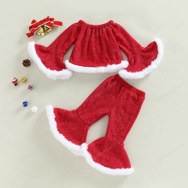 Christmas Kids Faux Fur Patchwork Boat-Neck Flare Long Sleeve Tops Pants Set, Baby Christmas Outfit, Kids Clothing, Christmas Gift
