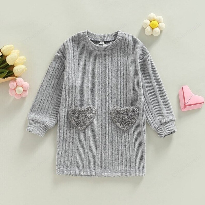 Baby Girls Gray Long Sleeve O Neck Pullover Princess Dress with Heart Pockets, Baby Casual Gray Dress, Kids Clothing, Christmas Gift