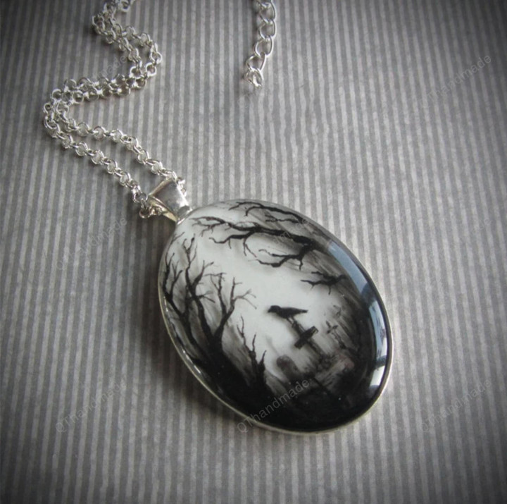 Gloomy Wood Graveyard Hand Painted Oval Pendant, Gothic Diorama Necklace, Art Jewellery, Crow, Raven Necklace/Witchy Halloween Scary Jewelry