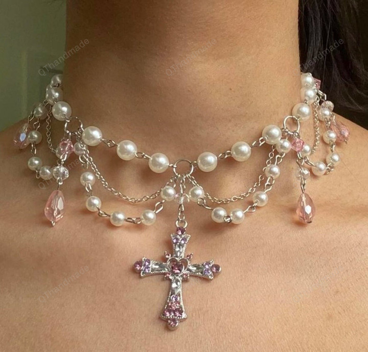 Cross Victorian style layered Pearl choker for Gift Anniversary Wedding Neck Jewelry Gothic Pearl Necklace/Y2k Necklace/Witchy Halloween