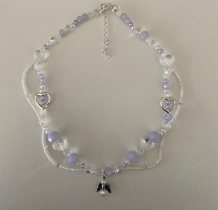 Y2K Purple and White Angel Beaded Necklace Pearls Beaded Necklace Choker Glass Beaded Aesthetic Jewelry/Y2k Necklace/Witchy Halloween