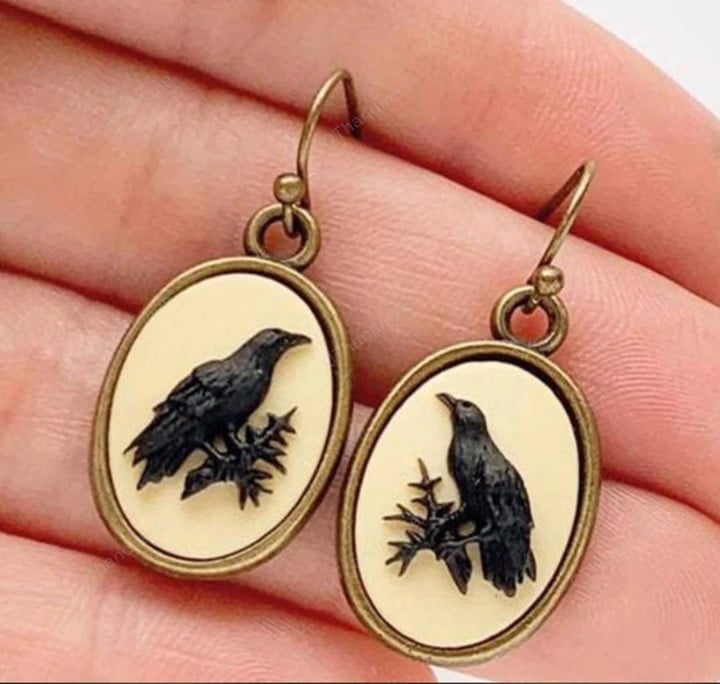 Retro Oval Black Crow Drop Earrings, Boho Statement Dangle Earrings, Oval Black Crow Earrings, Jewelry Accessories Gift, Witchy Earring