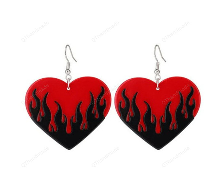 Gothic Harajuku Peach Heart Flame Acrylic Unique Earrings, Aesthetic Punk Y2K Earrings, Witchy Heart Flame Pendant Earrings, Jewelry Gift