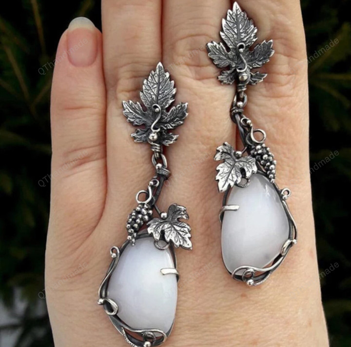 Vintage Water Droplets White Stone Earrings Silver Color Metal Carved Leaves Long Dangle Earrings For Women/Witch Earrings