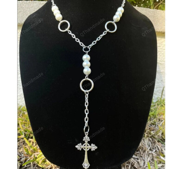 Cross Pearl Rosary Style Necklace Fashion Jewelry/Cottagecore Rosary Necklace,Gift For Her