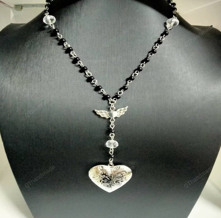 Gothic Angel Heart Wings Charm Bead Necklace, Y2K Jewelry Pixie Fairy Necklace, Punk Pearl Beaded Necklace, Fairycore Cottage Necklace