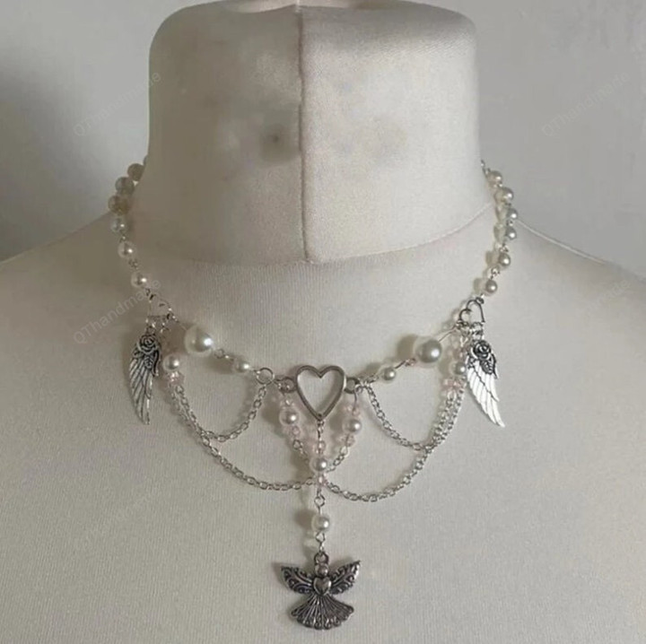 Fairy Angel Wings Heart Charm Grunge Necklace, Fairy Core Pearl Beaded Chain Layered Rosary Necklace, Gothic Jewelry Accessories
