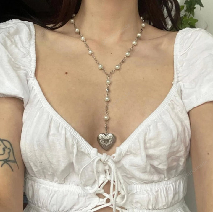 Cupid Heart Locket Pearl Charms Bead Necklace, Y2K Indie Jewelry Pixie Fairy core Necklace, Punk Pearl Beaded Choker Necklace, Gift For Her