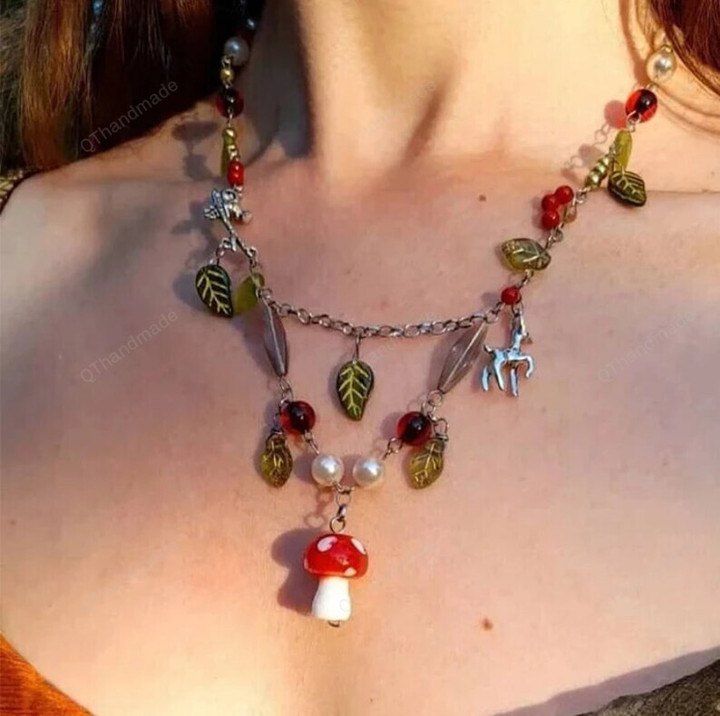 Amanita Cottage Core Beaded Fairy Necklace Mushroom Drop Chain Initial Fashion Necklaces Y2k,Handmade Cottagecore Jewelry,Gift For Her