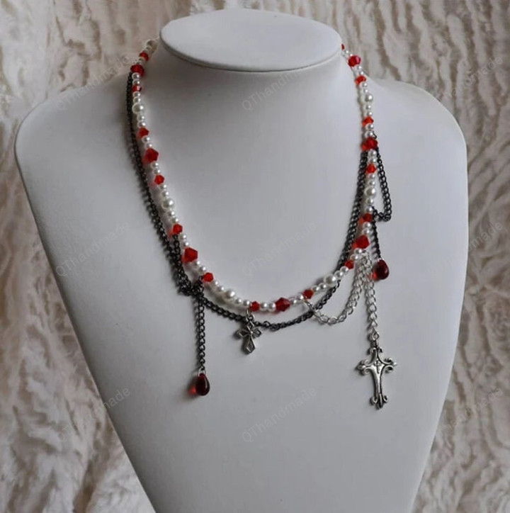 Gothic cross Layer Chain Beaded Necklace Demon Girl Aesthetic Grunge Fairy Alt Goth Charm Choker,Handmade Cottagecore Jewelry,Gift For Her