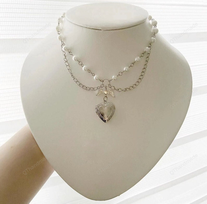 Angel Wing Heart Locket Charm Pearl and Bead Necklace with Chains Layered Necklace Cottagecore Aesthetic Pearl Necklace/Witchy Halloween