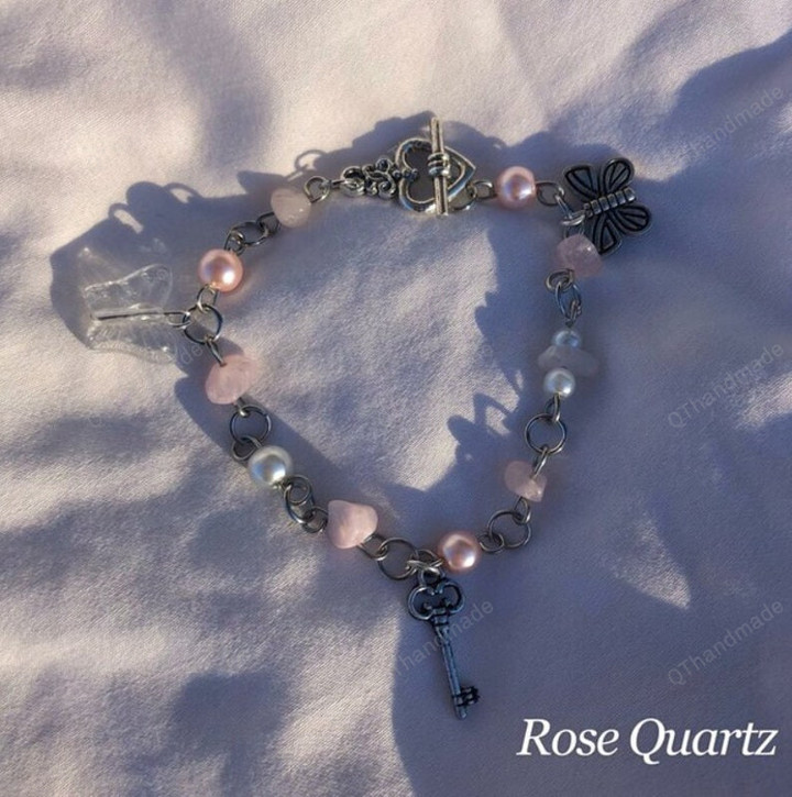 Rose Quartz Amethyst Aventurine Butterfly Key Charm Bracelet With Toggle Clasp Bead Aesthetic Bracelets Y2k/Cottagecore cottage core jewelry