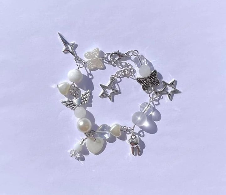 Tooth Fairy Bracelet, Beaded Bracelet, Charms, Dangling Beads, Fairycore, Grunge, White Pearls, Y2k, Cottagecore/Y2k Jewelry Necklace