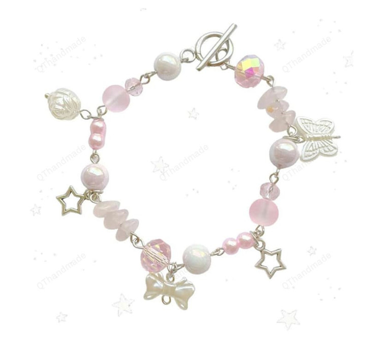 Pink Fairy Bracelet Y2k Rose Cute Bracelet,Charms, Dangling Beads, Fairycore, Grunge, White Pearls, Y2k, Cottagecore/Y2k Jewelry Necklace