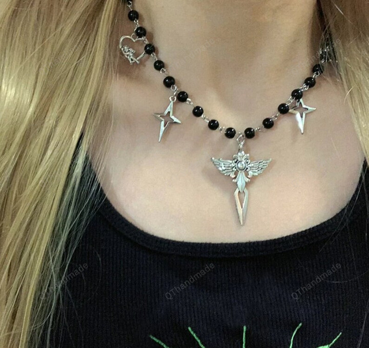Punk Sard Cross Choker Cool Accessory Angel Heart Pendant Necklace Women Goth Jewelry Egirl Aesthetic Grunge Rock/Witchy Fairy Fairycore
