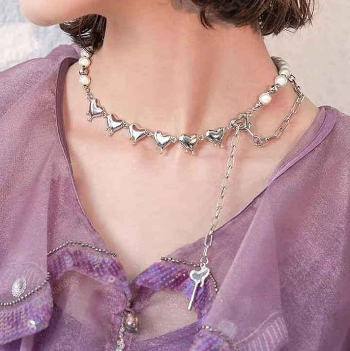 Luminous Pearl Chains Necklaces Unique Punk Heart Pendant Necklace Women Egirl Jewelry Cool Accessory Goth Gothic/Witchy Fairy Fairycore