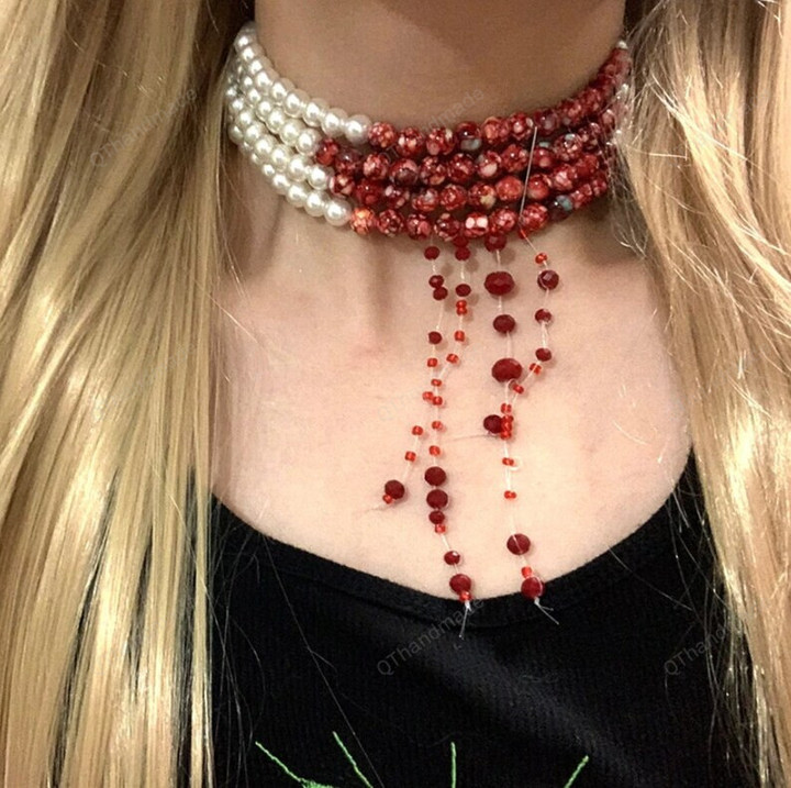 Faux Pearl Blood Tiered Necklace Goth Jewellery Blood Drop Tassel Choker Women Grunge Rock Egirl Accessory Aesthetic/Witchy Fairy Fairycore