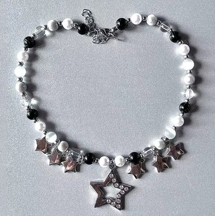 Egirl Jewelry Cool Beads Star Pendant Necklace DIY Korean Fashion Crystal Star Choker Y2K Necklace for Women Punk Accessory Goth