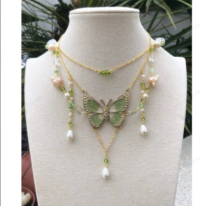 Green Butterfly Chain Crystal Pearl Bead Necklace, Y2K Jewelry Pixie Fairy core Necklace, Punk Pearl Beaded Choker Necklace, Gift For Her