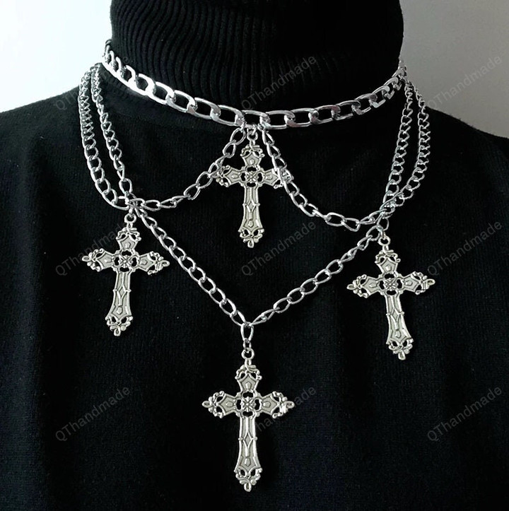 Goth Streetwear Necklace Grunge Cross Pendants Women Men Neck Chain Indie Jewelry On The Neck E Girl Choker Aesthetic,Cottagecore Jewelry