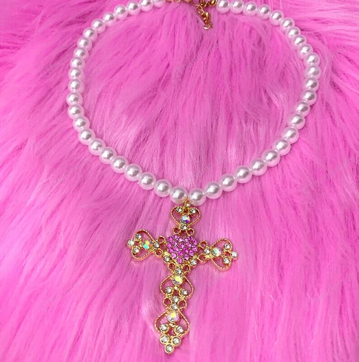 Y2K Accessories Pink Crystal Cross Necklace Shiny Aesthetic Choker Goth Necklace for Women 2000s Jewelry Punk,Cottagecore Jewelry