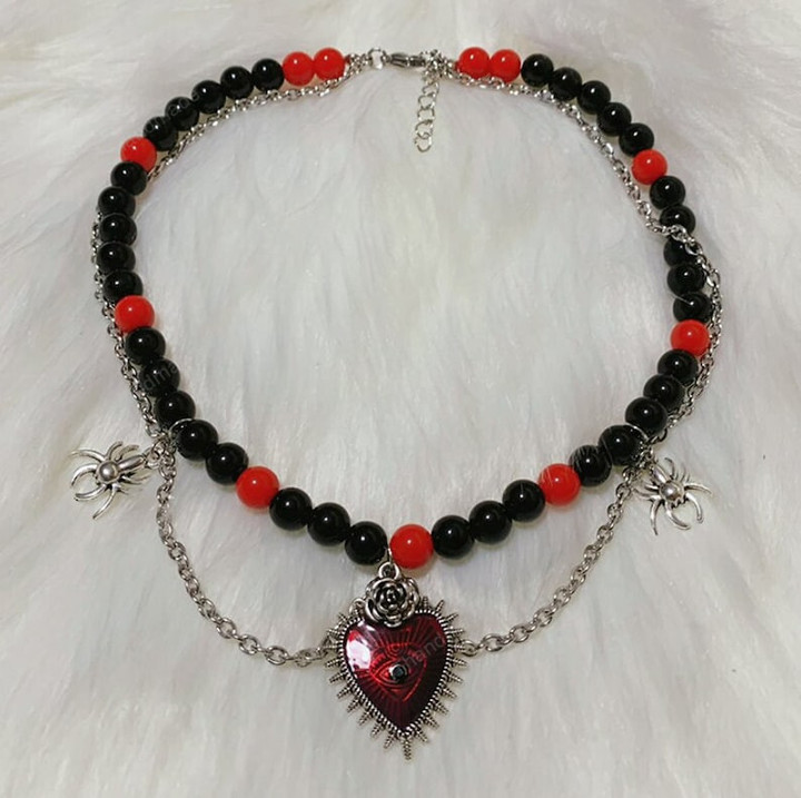 Punk Fashion Red Irregular Heart Choker Gothic Aesthetic Diy Pendant Necklace Alien Pearl Jewelry Egirl Accessories,Cottagecore Jewelry