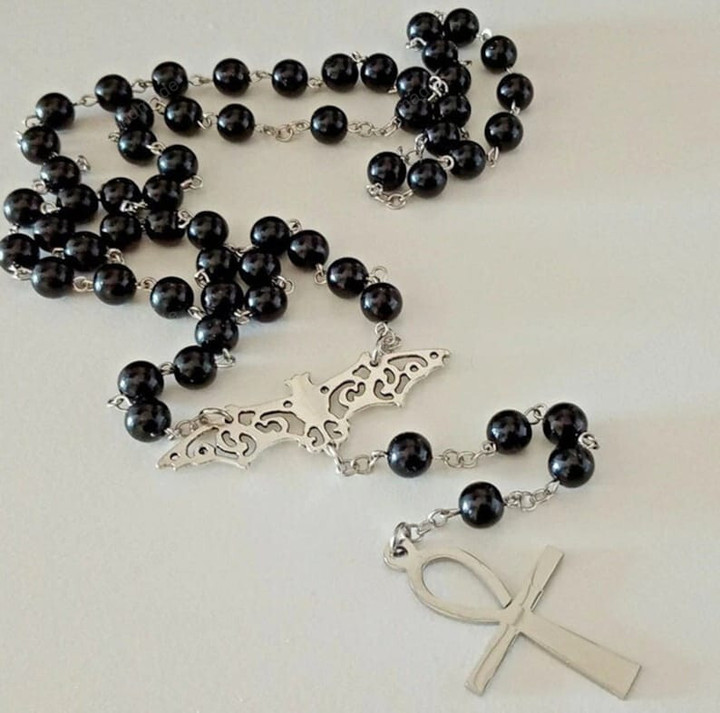 Traditional Goth Rosary, Black Grains, Steel Ankh Pendant, Bat Charm, 80s Dark Amulet, Deathrock Pagan Necklace -"Batcave" Il T,Gift For Her