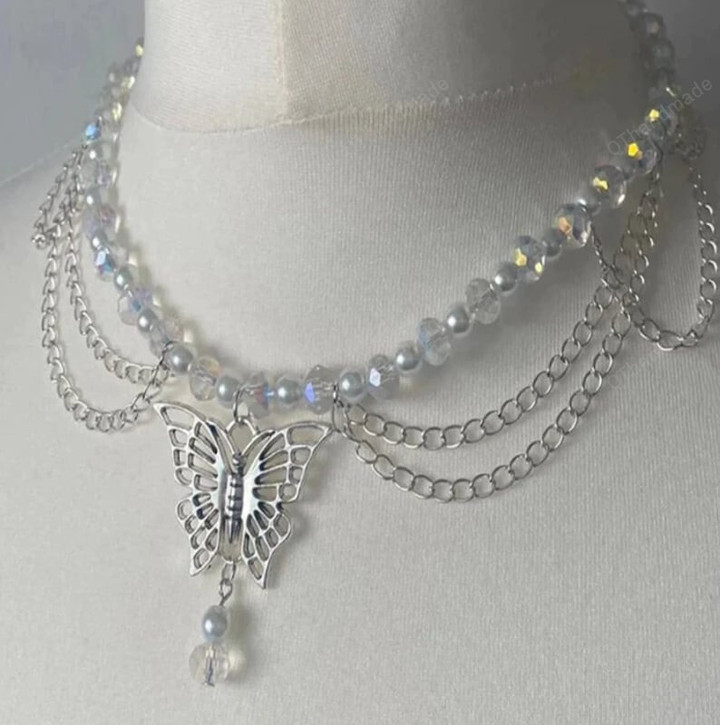 Pearls Butterfly Fairycore Necklace Pixie Fairycore Necklace Wiccan Jewelry/Faerie Statement Necklace/choker chain/choker set/Fa/Wicca