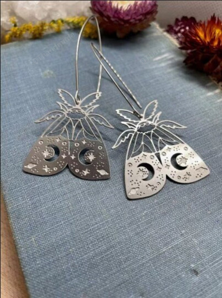 Celestial Silver Moth Butterfly Earrings, Fashion Jewelry Accessories, Witchy Grunge Statement Earrings, Bohemian Wicca Jewelry Earrings