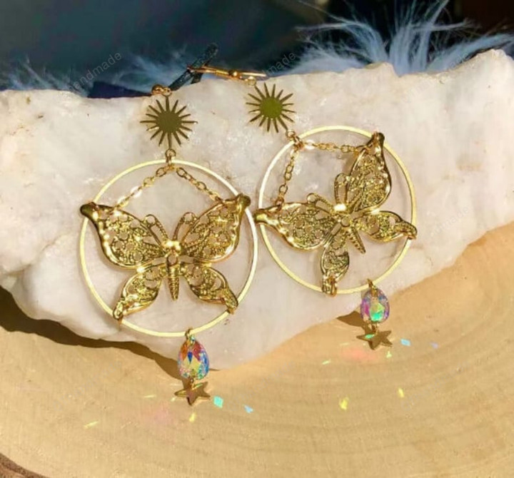 Celestial Rainbow Butterfly Rhinestone Earrings, Fashion Jewelry Accessories, Witchy Punk Statement Earrings, Victorian Jewelry Earrings