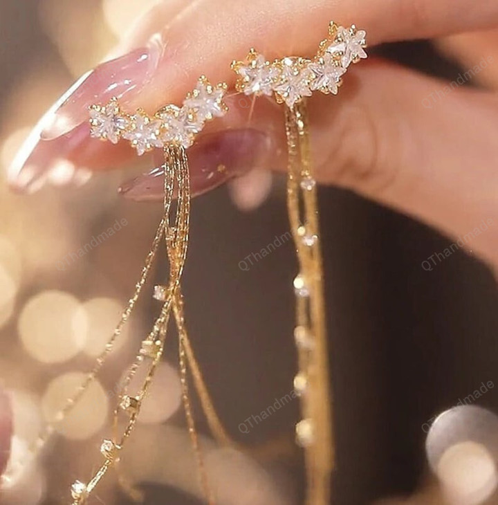 Luxury Star Zircon Tassel Earrings Gold Color Women Long Earring Jewelry/Fairy Cottagecore Jewelry Accessories/Cosplay Costume
