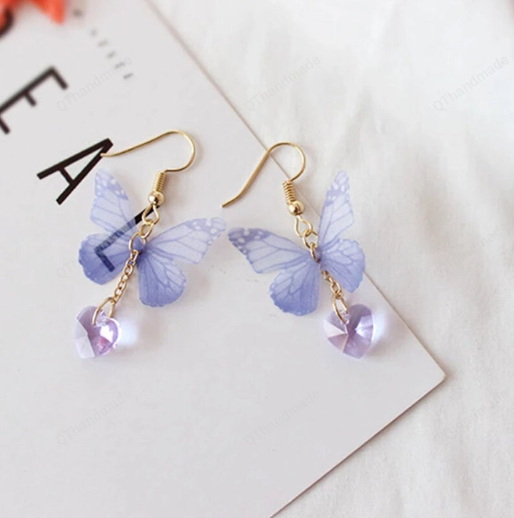Purple Butterfly Heart Alloy Long Wings Pearl Earrings Pendant Drop Earrings Jewelry/Fairy Cottagecore Jewelry Accessories/Cosplay Costume
