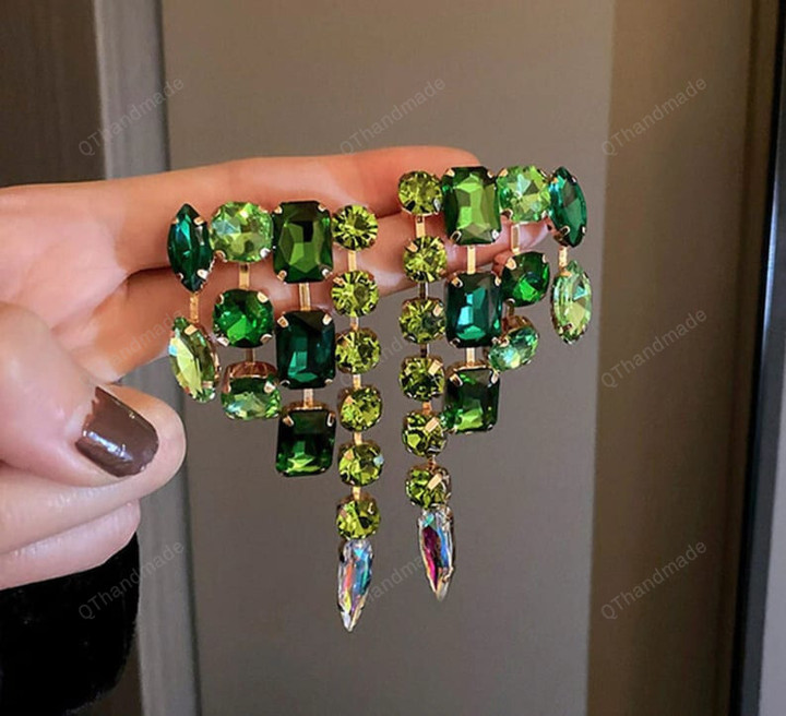 Vintage Hyperbole Geometric Green Crystal Earrings Big Rhinestone Drop Earrings/Fairy Cottagecore Jewelry Accessories/Cosplay Costume