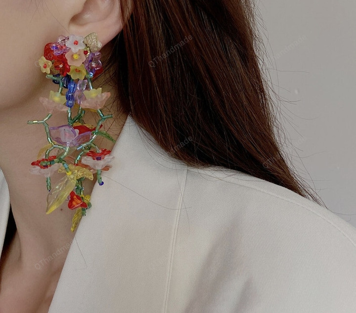 Boho Resin Transparent Colorful Flower Long Tassel Earrings Handmade Beaded Hanging Earrings Jewelry,Fairy Cottagecore Jewelry Accessories