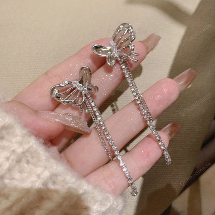Micro Pave Zircon Butterfly Drop Earrings For Women Rhinestone Long Tassel Jewelry Brinco Gifts,Fairy Cottagecore Jewelry Accessories