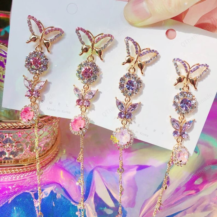 Crystal Butterfly Long Tassel Drop Earrings For Women Students Holiday Party Pendientes Jewelry,Fairy Cottagecore Jewelry Accessories