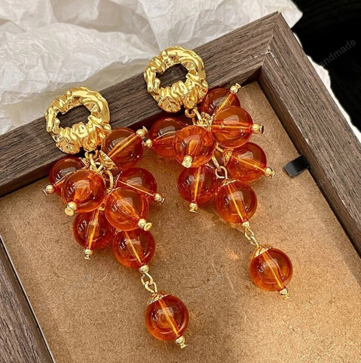 Vintage Orange Color Grape Beads Drop Earrings For Women Trendy Metal Long Pendientes Jewelry Gifts,Fairy Cottagecore Jewelry Accessories
